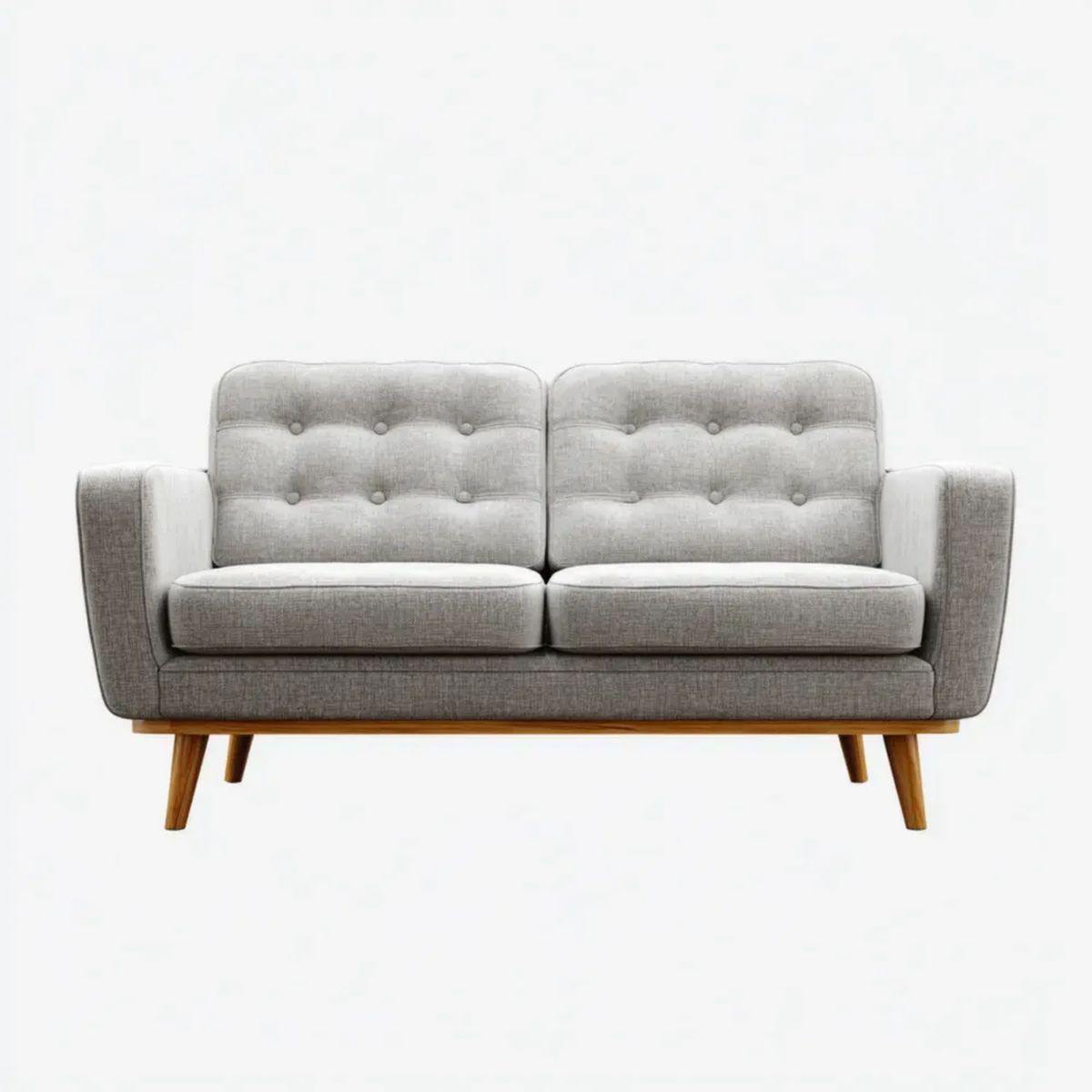 Dwuosobowa sofa materiałowa szara z brązowymi drewnianymi nogami, 140 x 80 x 85 cm