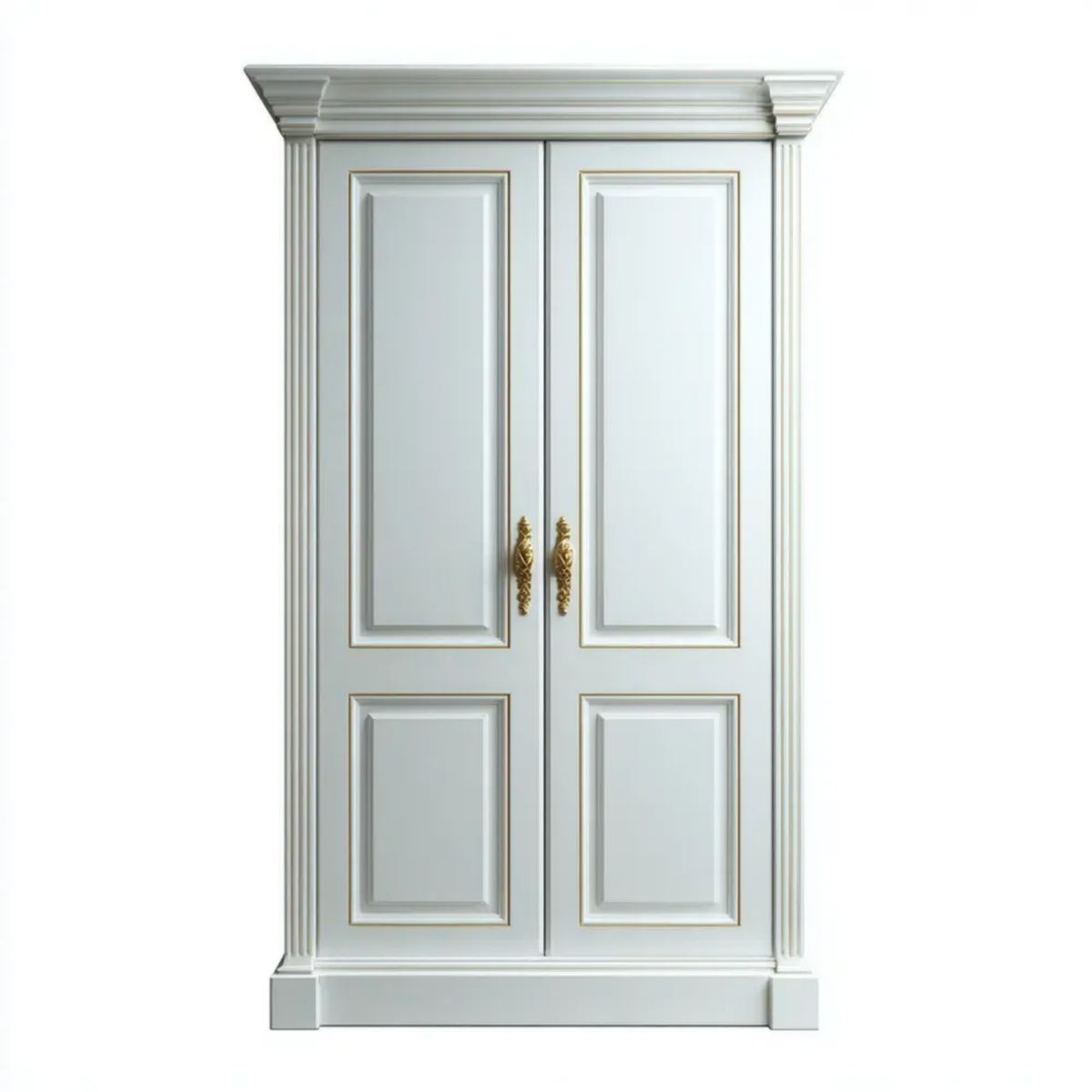 Klasyczna szafa dwudrzwiowa z płyty MDF, biała ze złotymi uchwytami, 120 × 60 × 220 cm