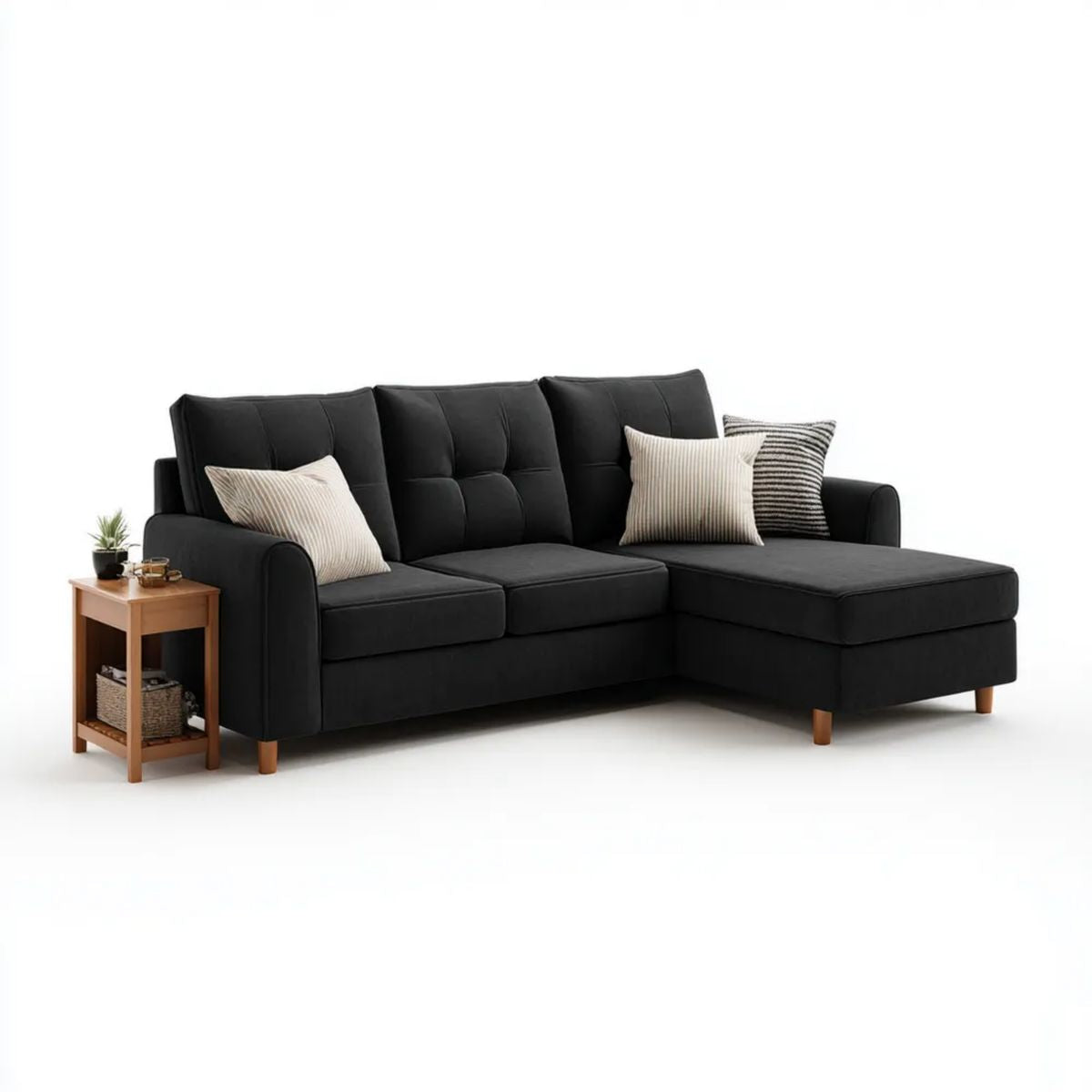 Prawostronna sofa narożna czarna z tapicerką poliestrową 220 × 150 × 88 cm