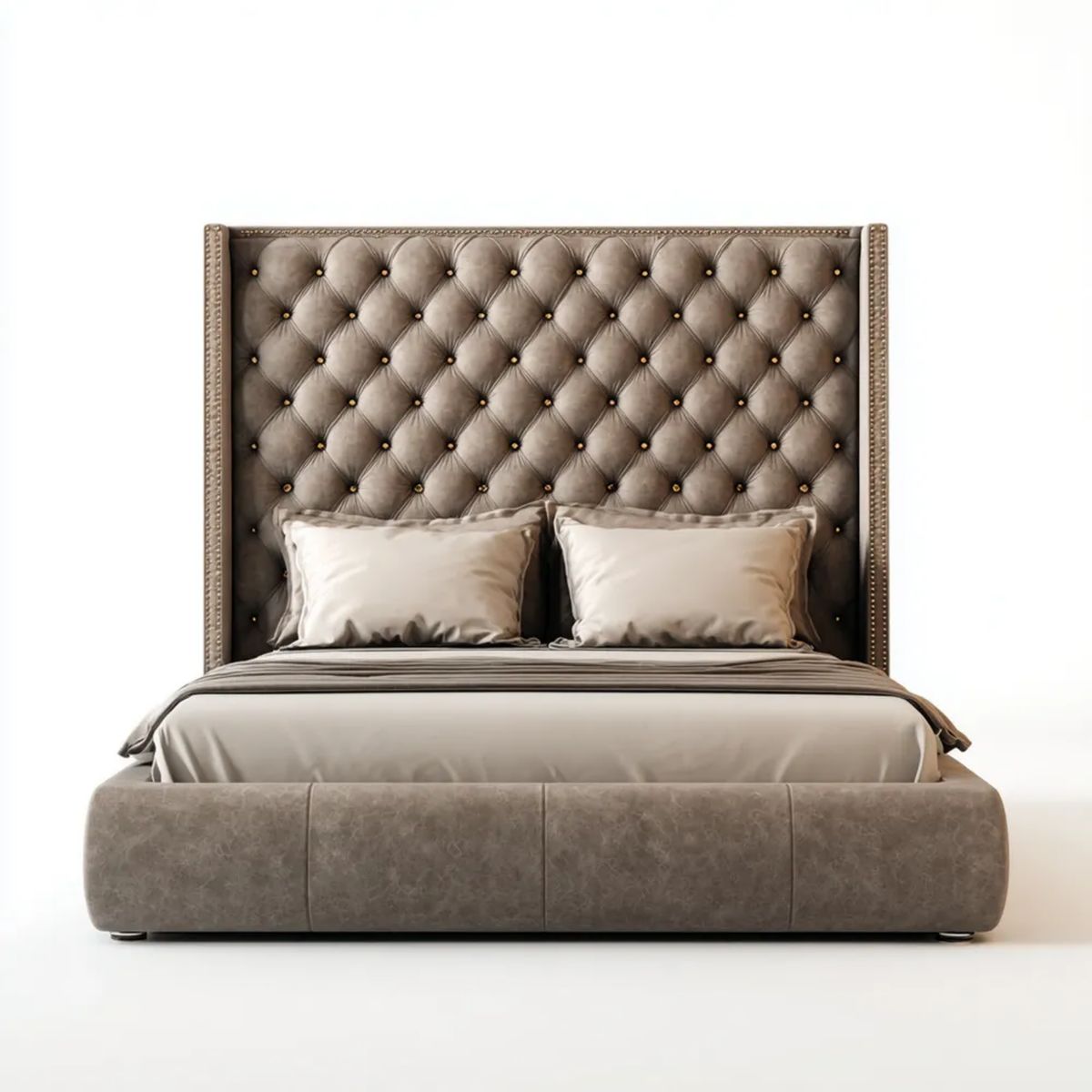 Dwuosobowe łóżko tapicerowane z wysokim pikowanym wezgłowiem 160 x 200 cm Taupe