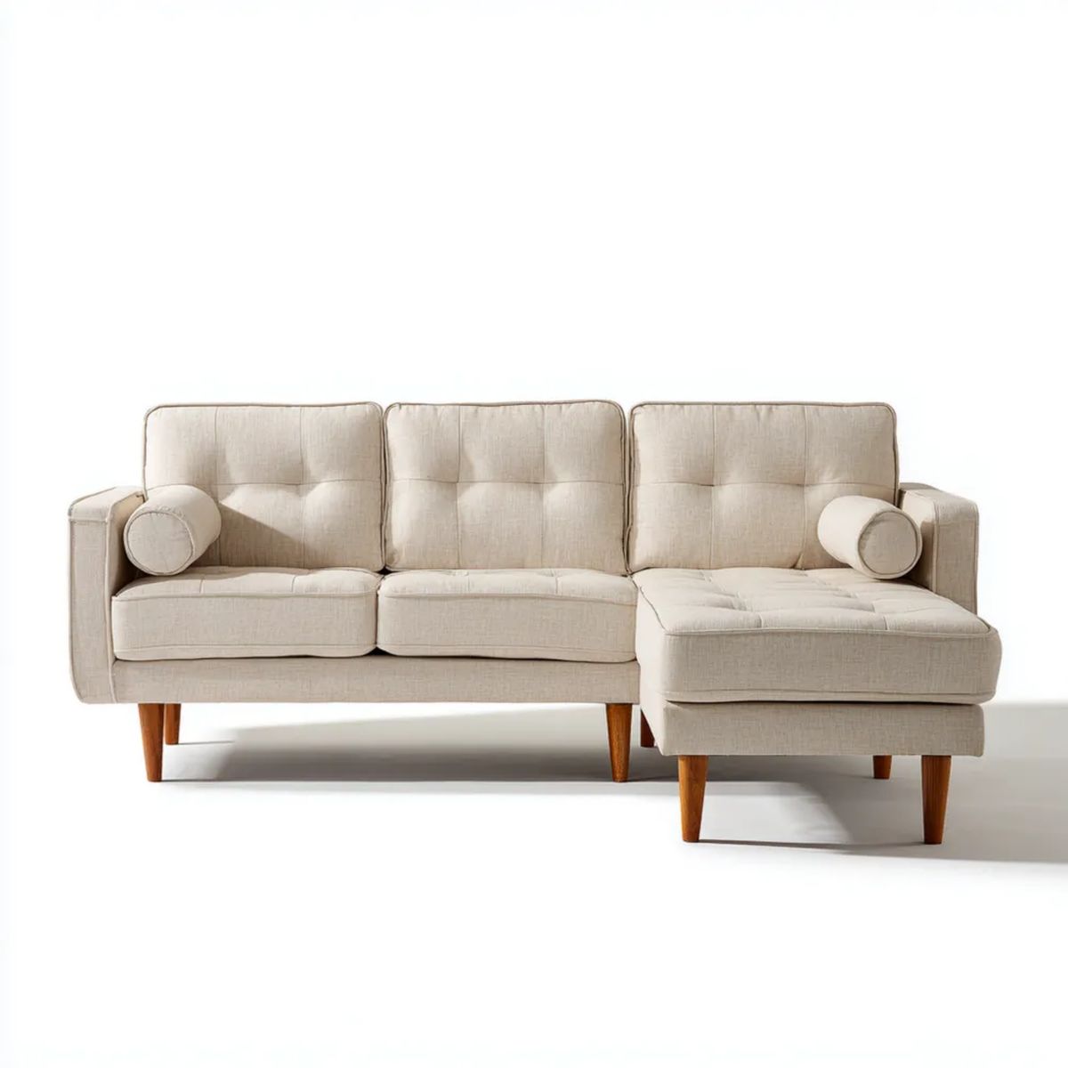 Beżowa sofa narożna z poliestru z prawostronnym szezlongiem, 250 x 160 x 86 cm, kształt L