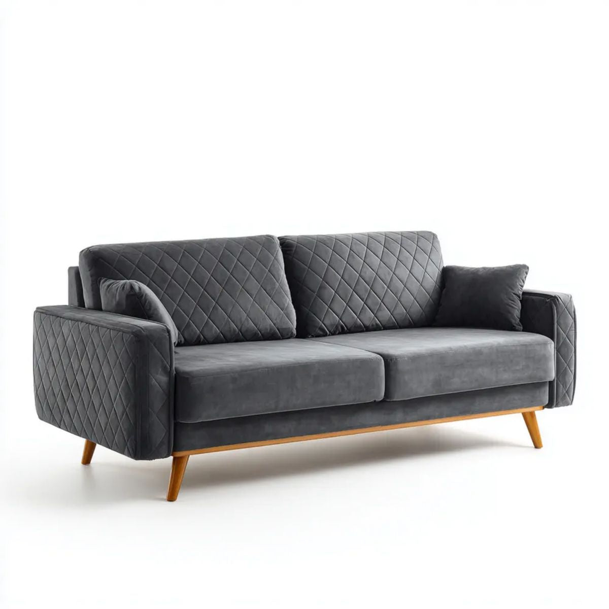 Dwuosobowa sofa tapicerowana ciemnoszara z brązowymi drewnianymi nogami, pikowana, 160 x 85 x 86 cm