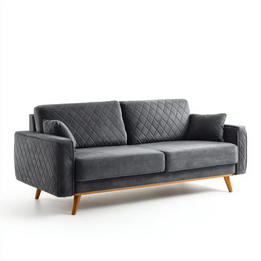 Dwuosobowa sofa tapicerowana ciemnoszara z brązowymi drewnianymi nogami, pikowana, 160 x 85 x 86 cm