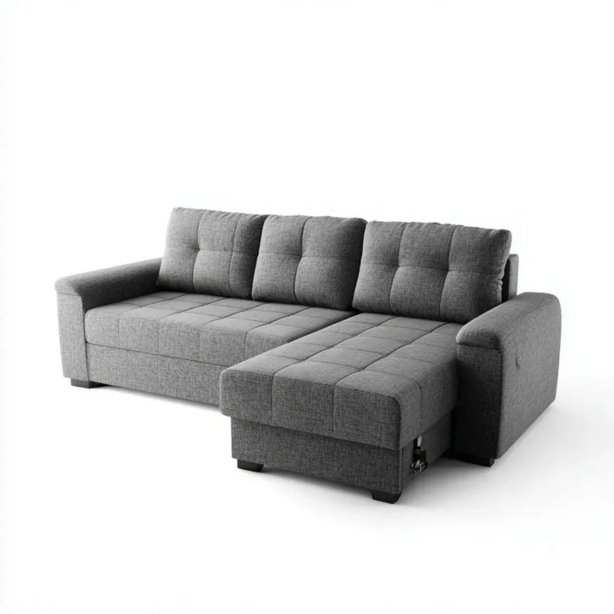 Szara sofa narożna w kształcie L z tapicerką poliestrową i wysuwanym modułem, 240 × 160 × 90 cm