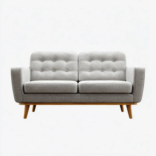 Dwuosobowa sofa materiałowa szara z brązowymi drewnianymi nogami, 140 x 80 x 85 cm