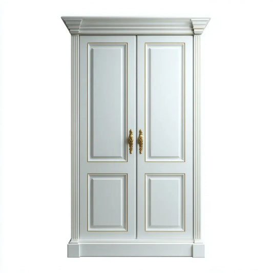 Klasyczna szafa dwudrzwiowa z płyty MDF, biała ze złotymi uchwytami, 120 × 60 × 220 cm