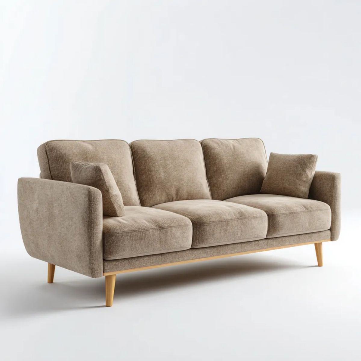 Sofa trzyosobowa beżowa z tapicerką poliestrową i drewnianymi nogami 210 × 88 × 86 cm