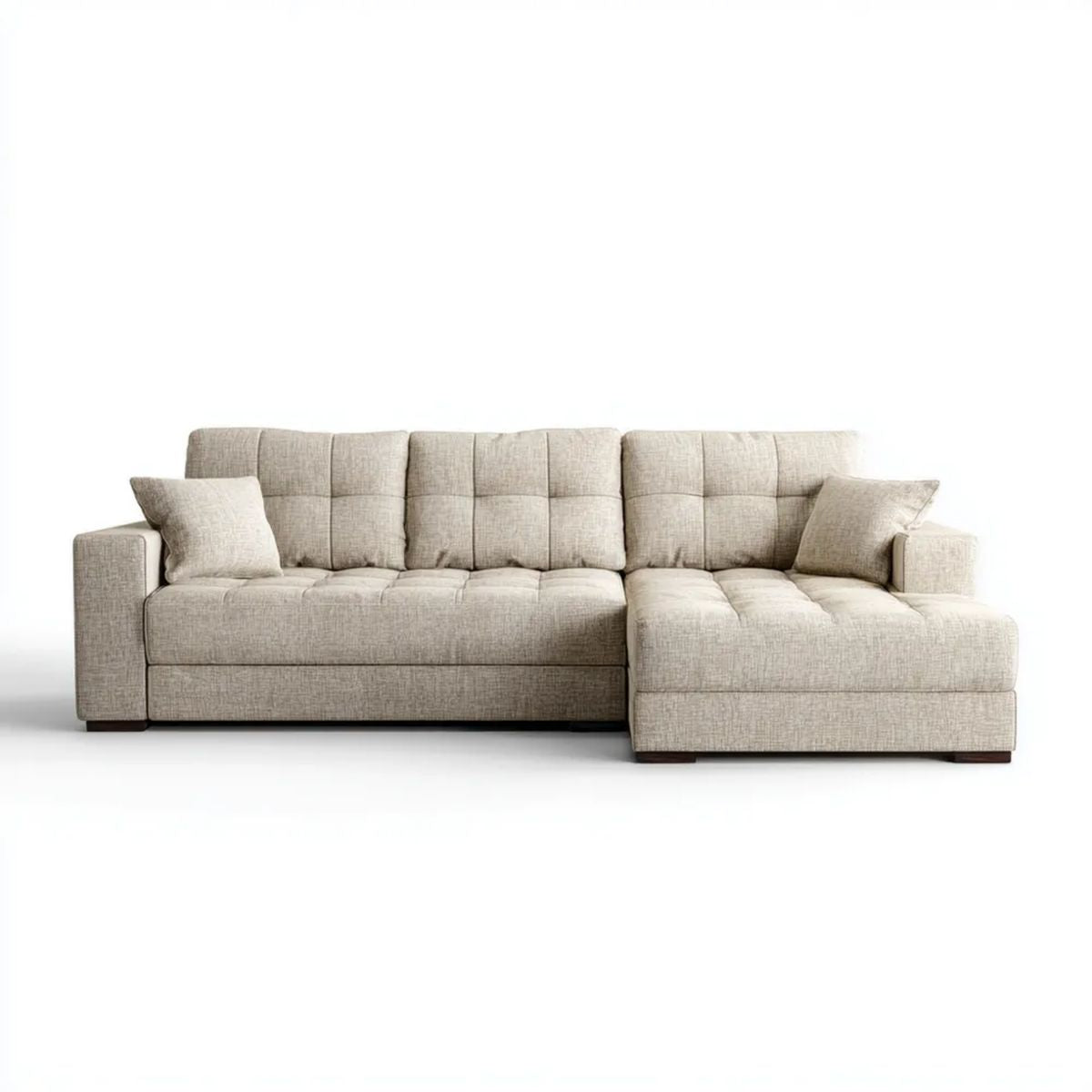 Beżowa sofa narożna z prawostronnym szezlongiem, tapicerka poliestrowa, 280 × 160 × 88 cm