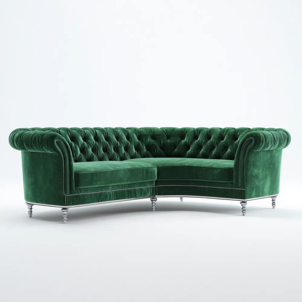 Półokrągła sofa Chesterfield 3-osobowa z aksamitu, ciemnozielona ze srebrnymi nóżkami, 230 x 95 x 78 cm