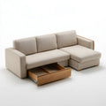Beżowa sofa narożna w kształcie L z prawostronnym szezlongiem i szufladą, poliester, 250 x 160 x 85 cm