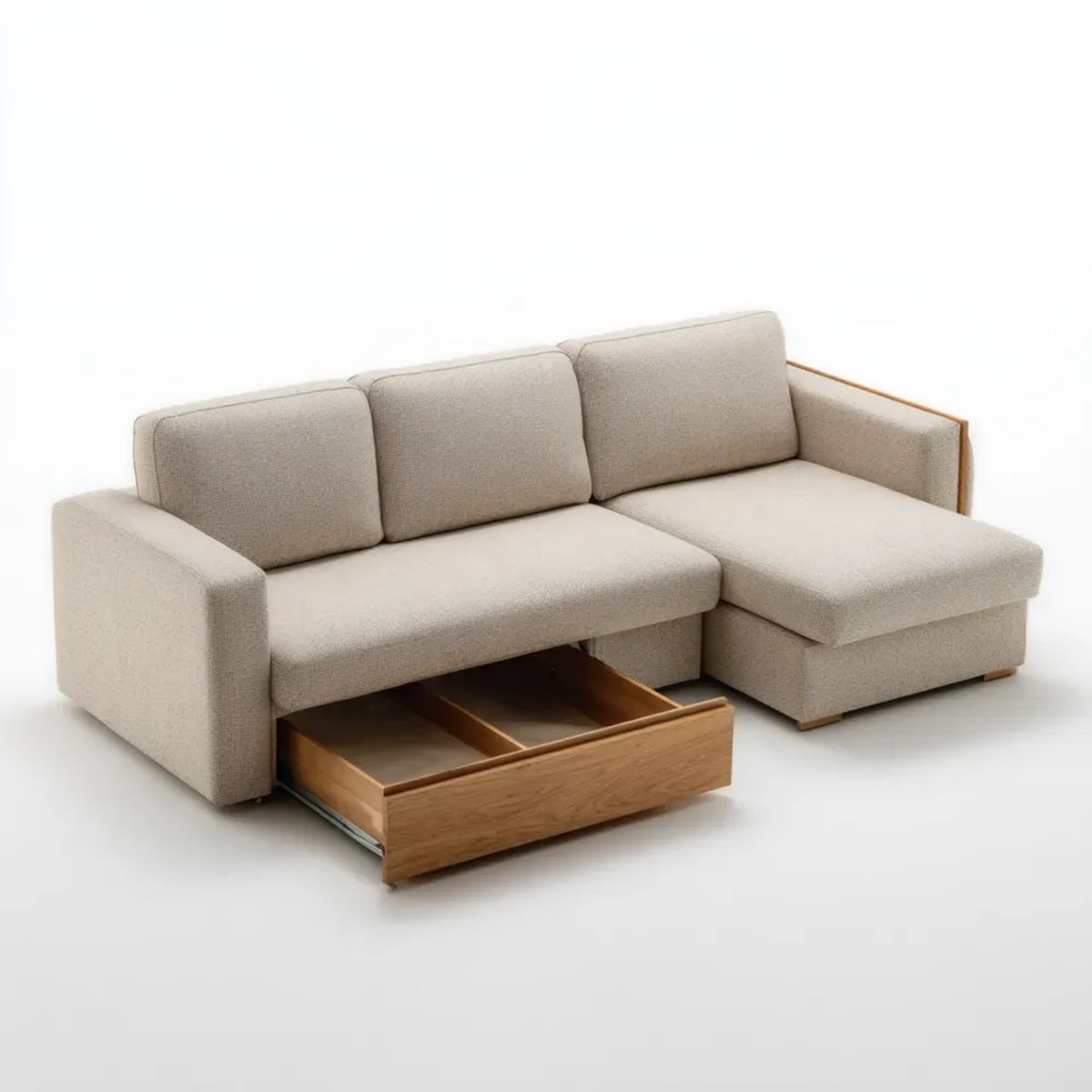 Beżowa sofa narożna w kształcie L z prawostronnym szezlongiem i szufladą, poliester, 250 x 160 x 85 cm