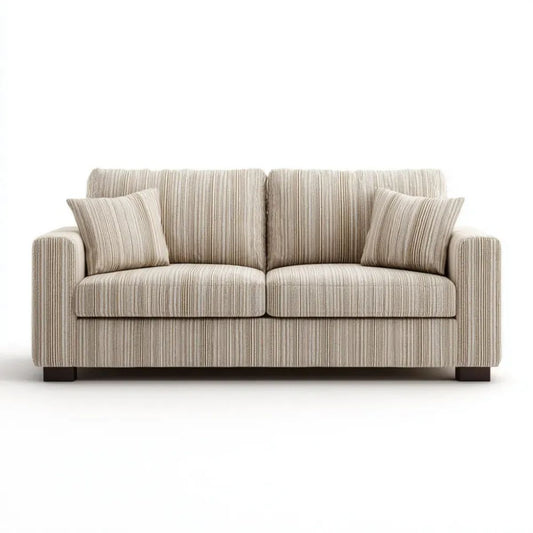 Dwuosobowa sofa tapicerowana beżowo-szara w pasy, 160 x 90 x 88 cm