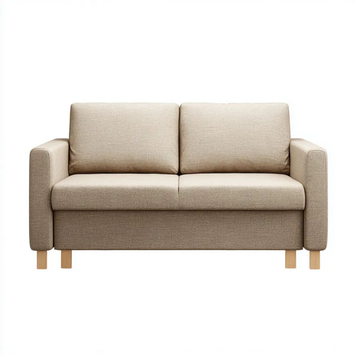 Dwuosobowa sofa beżowa z tapicerką poliestrową i nogami z litego drewna kauczukowego, 158 x 85 x 83 cm