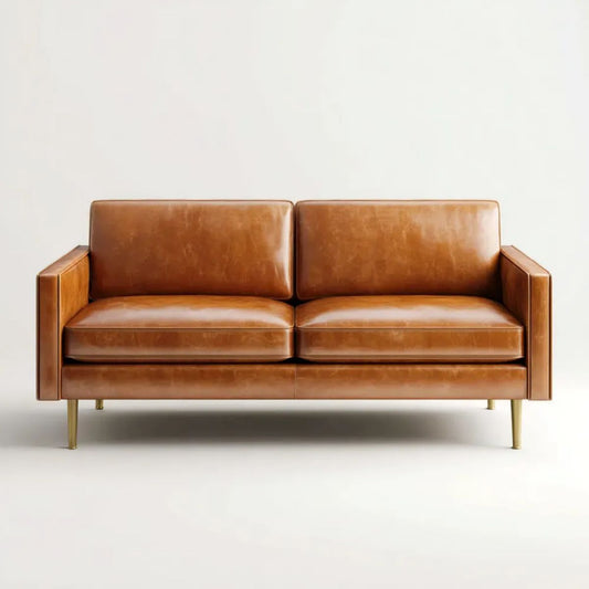 Dwuosobowa sofa ze skóry syntetycznej PU, koniakowa/złota, 160 x 85 x 82 cm