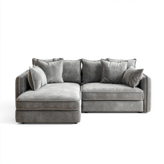 Szara aksamitna sofa narożna w kształcie L z lewostronnym szezlongiem, 280 x 170 x 85 cm