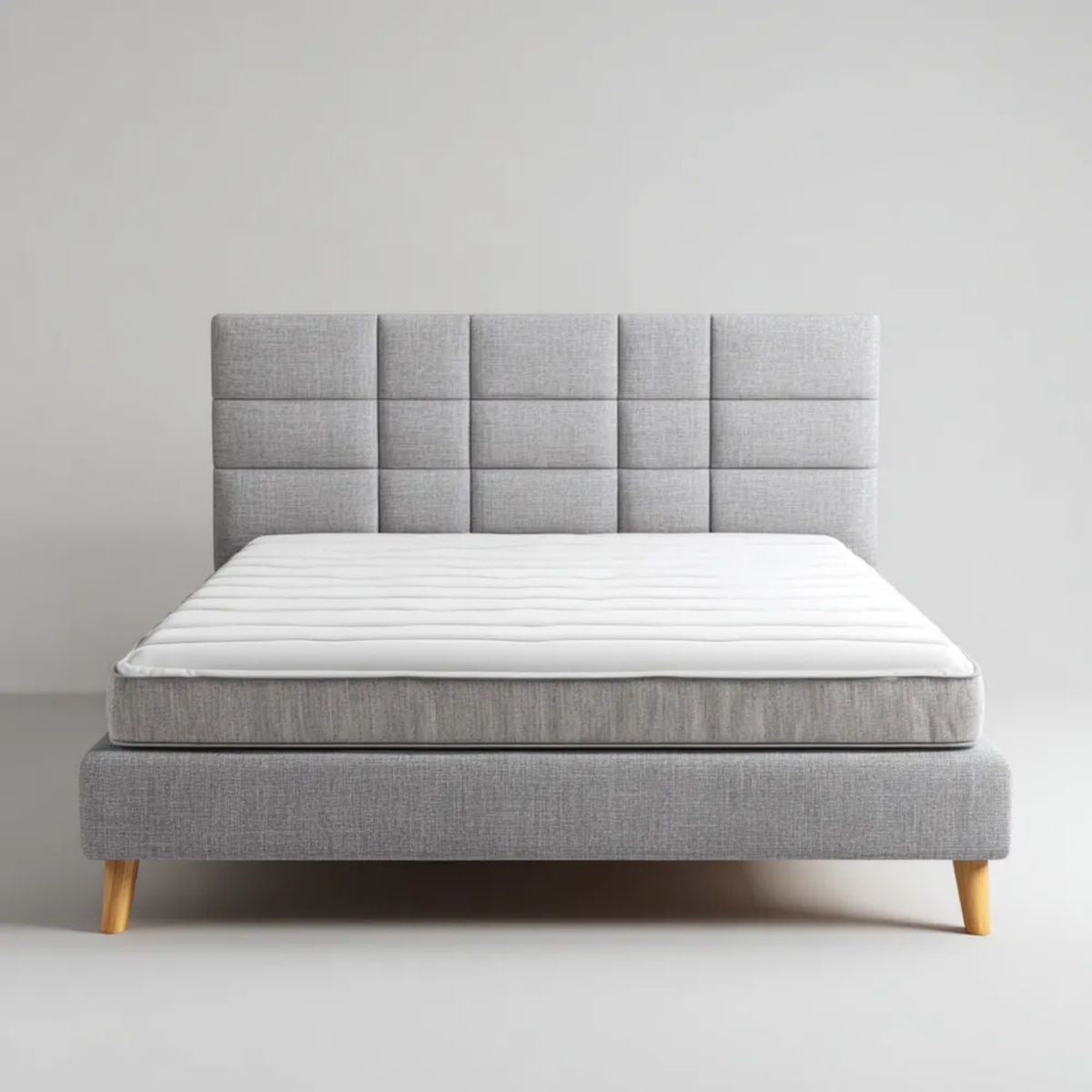 Łóżko dwuosobowe tapicerowane z tkaniny, jasnoszare, 160 × 200 cm, z prostokątnym zagłówkiem