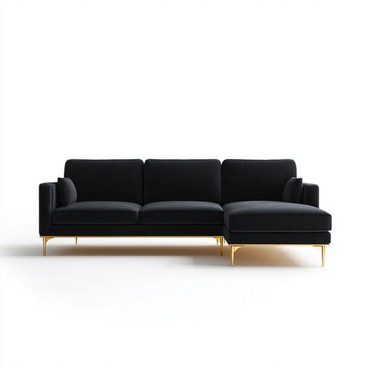 Czarna sofa narożna ze skóry syntetycznej PU z prawym szezlongiem i złotymi metalowymi nogami, 270 x 160 x 85 cm