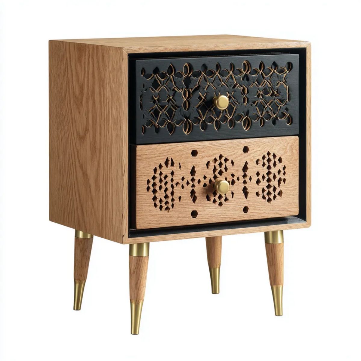 Szafka nocna MDF z 2 szufladami, dąb/czarny/złoty, 40 x 35 x 60 cm