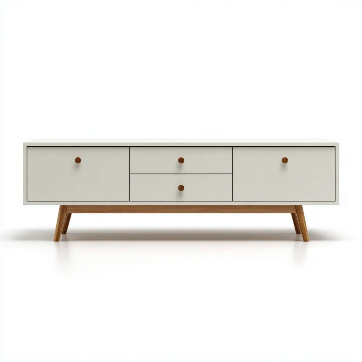 Biała szafka RTV z MDF i litego drewna sosnowego 180 × 40 × 55 cm, 2 drzwi i 2 szuflady