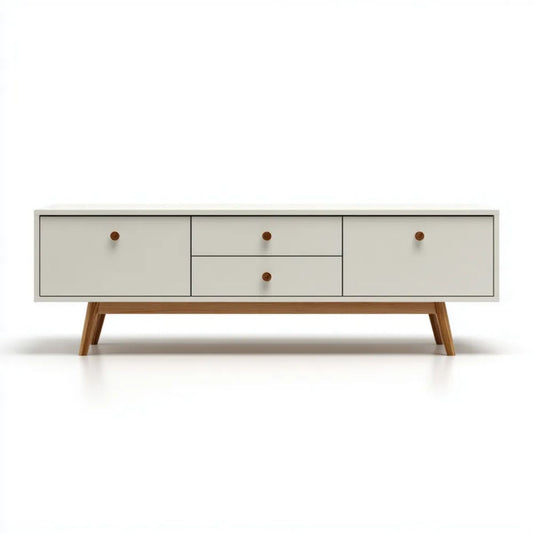 Biała szafka RTV z MDF i litego drewna sosnowego 180 × 40 × 55 cm, 2 drzwi i 2 szuflady