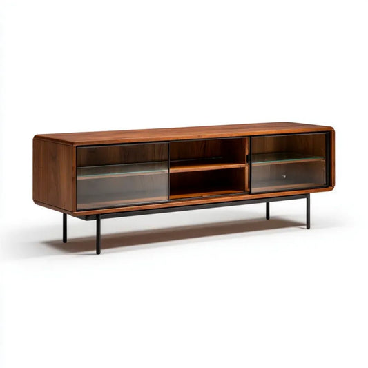 Orzechowa szafka RTV z MDF i szkła hartowanego, 180 × 45 × 65 cm